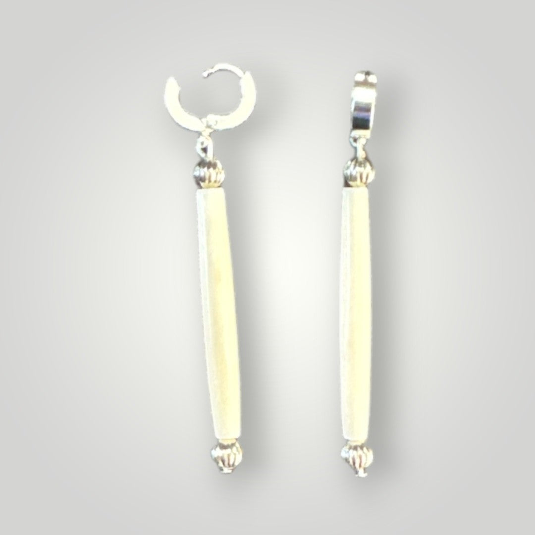 Native American Hand Made 1.25 inch Hairpipe Bone and Silver Single Bead Beaded Earrings - Real Bone - Silver Huggie earring (Copy)