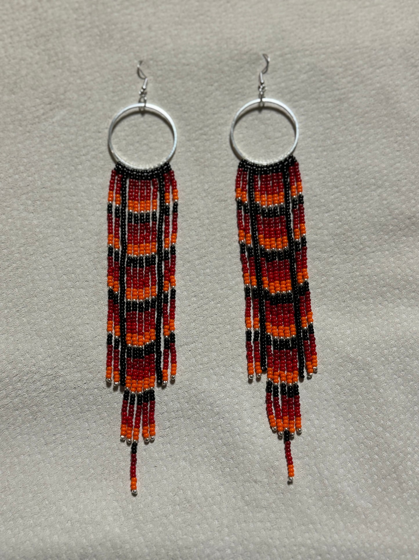 Native American Hand Made Fire Beaded Fringe Earrings - Silver Ear Wire - 6 Inch