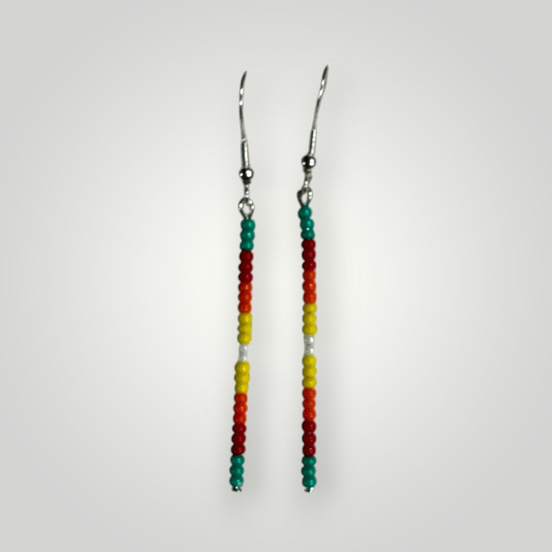 Native American Hand Made Dangle Bead Earrings on silver ear wire- green and fire