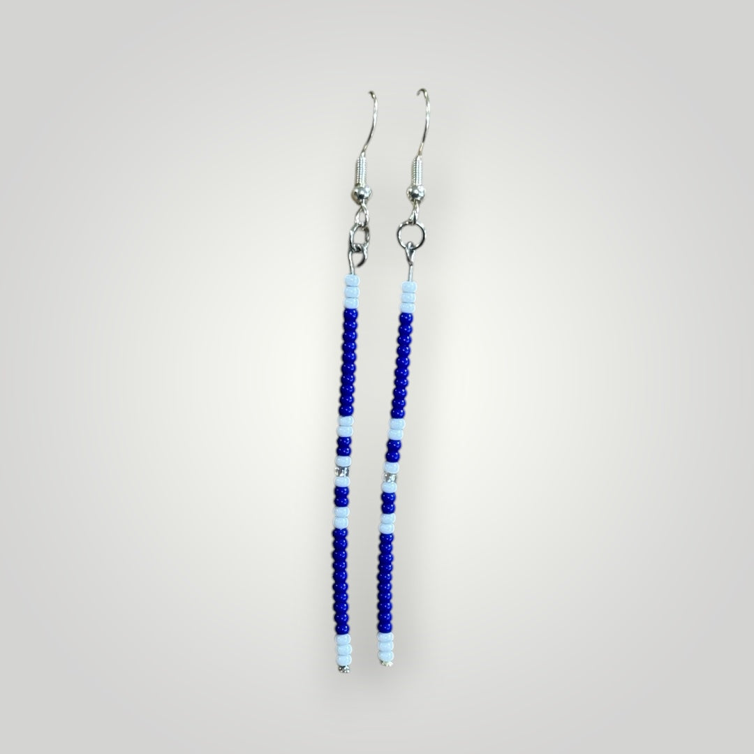 Native American Hand Made Blue/White Dangle Bead Earrings - Silver Ear Wire