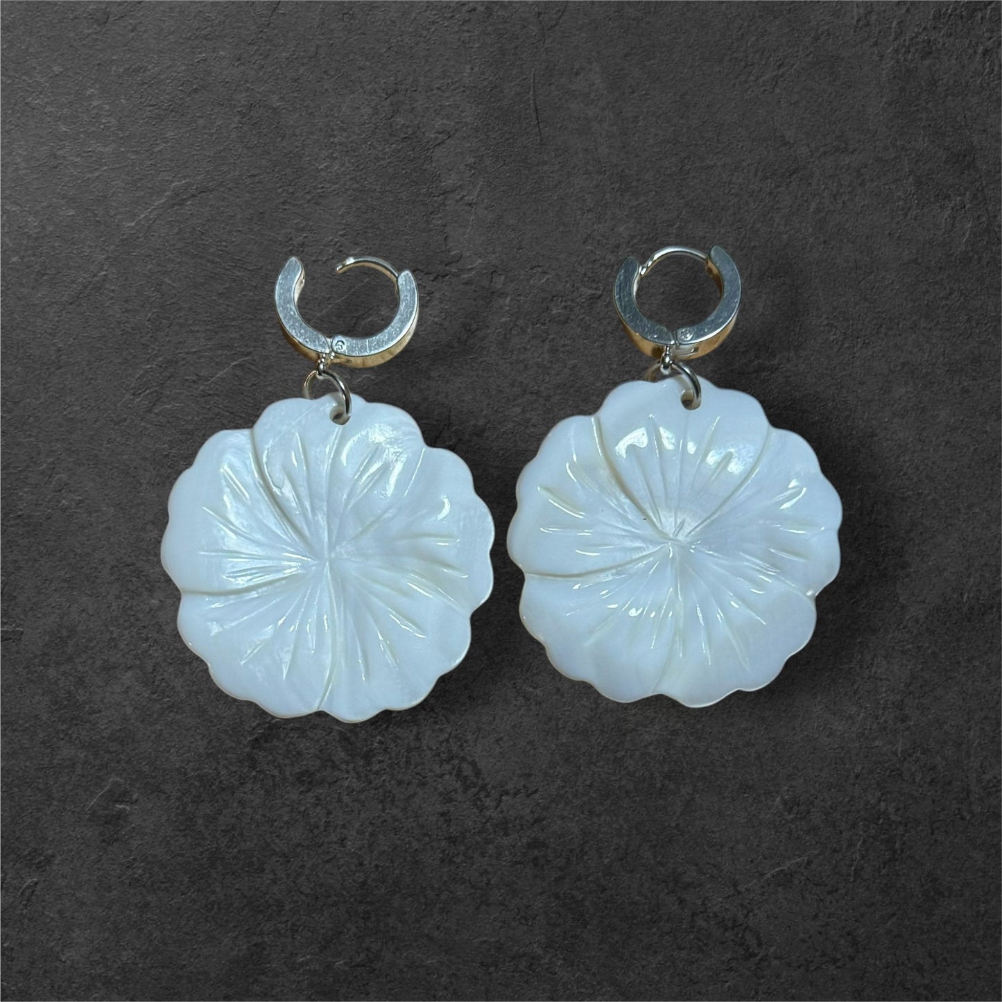 Native American Hand Made Flower Mother of Pearl Shell Earrings - Silver Huggie earring