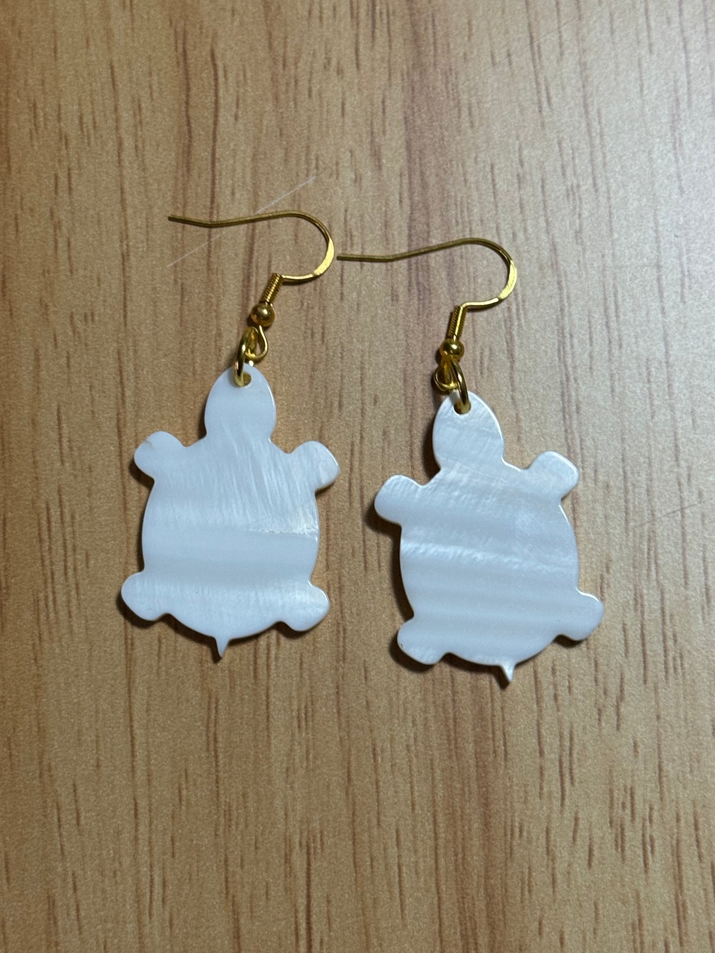 Native American Hand Made Turtle Mother of Pearl Shell Earrings - Gold Ear Wire