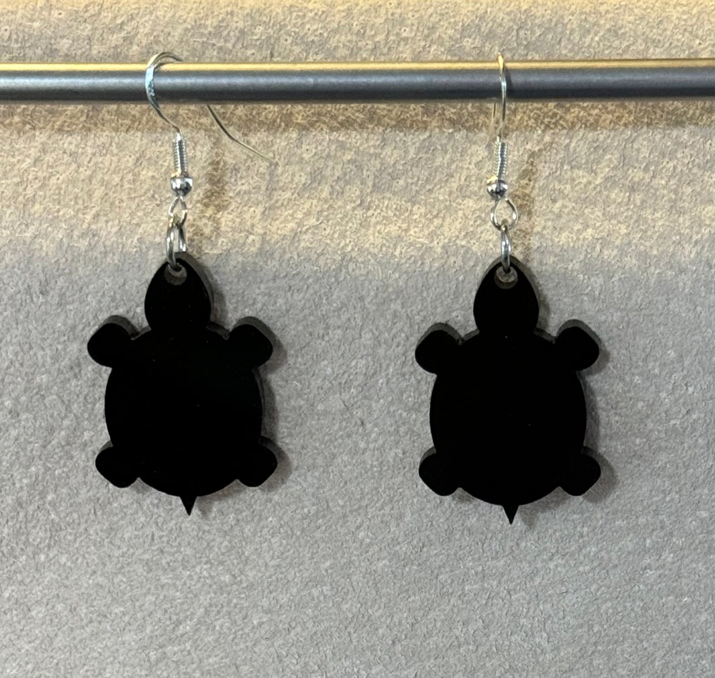 Native American Hand Made Black Turtle Acrylic Earrings - Silver Ear Wire