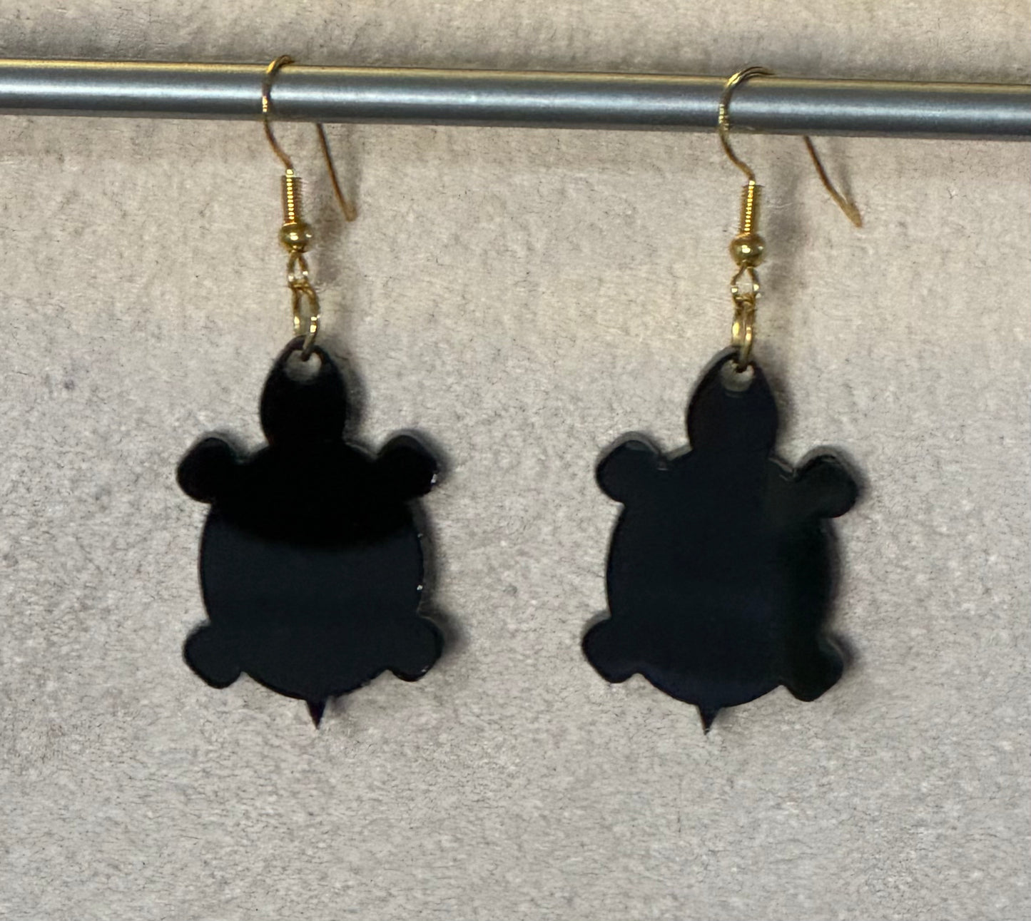 Native American Hand Made Black Turtle Acrylic Earrings - Gold Ear Wire