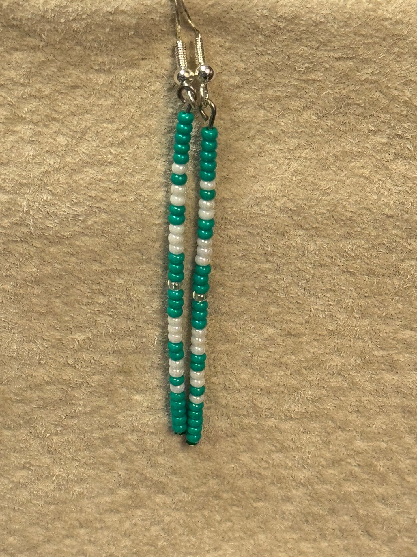 Native American Hand Made Teal Beaded Drop Earrings - Silver Ear Wire