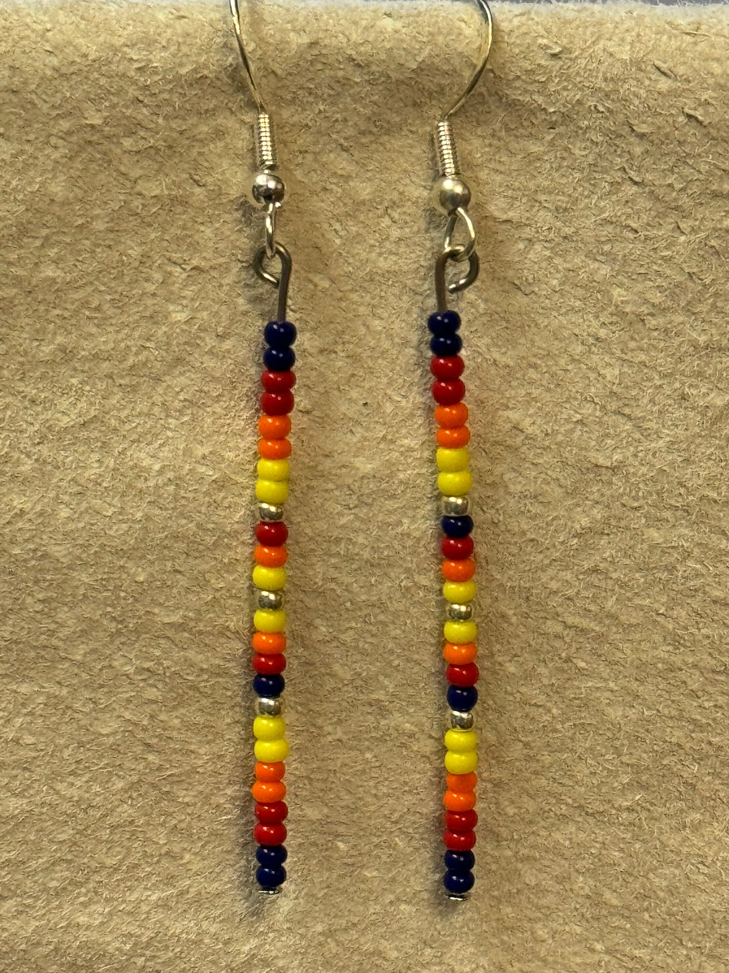Native American Hand Made Navy Fire Beaded Drop Earrings - Silver Ear Wire