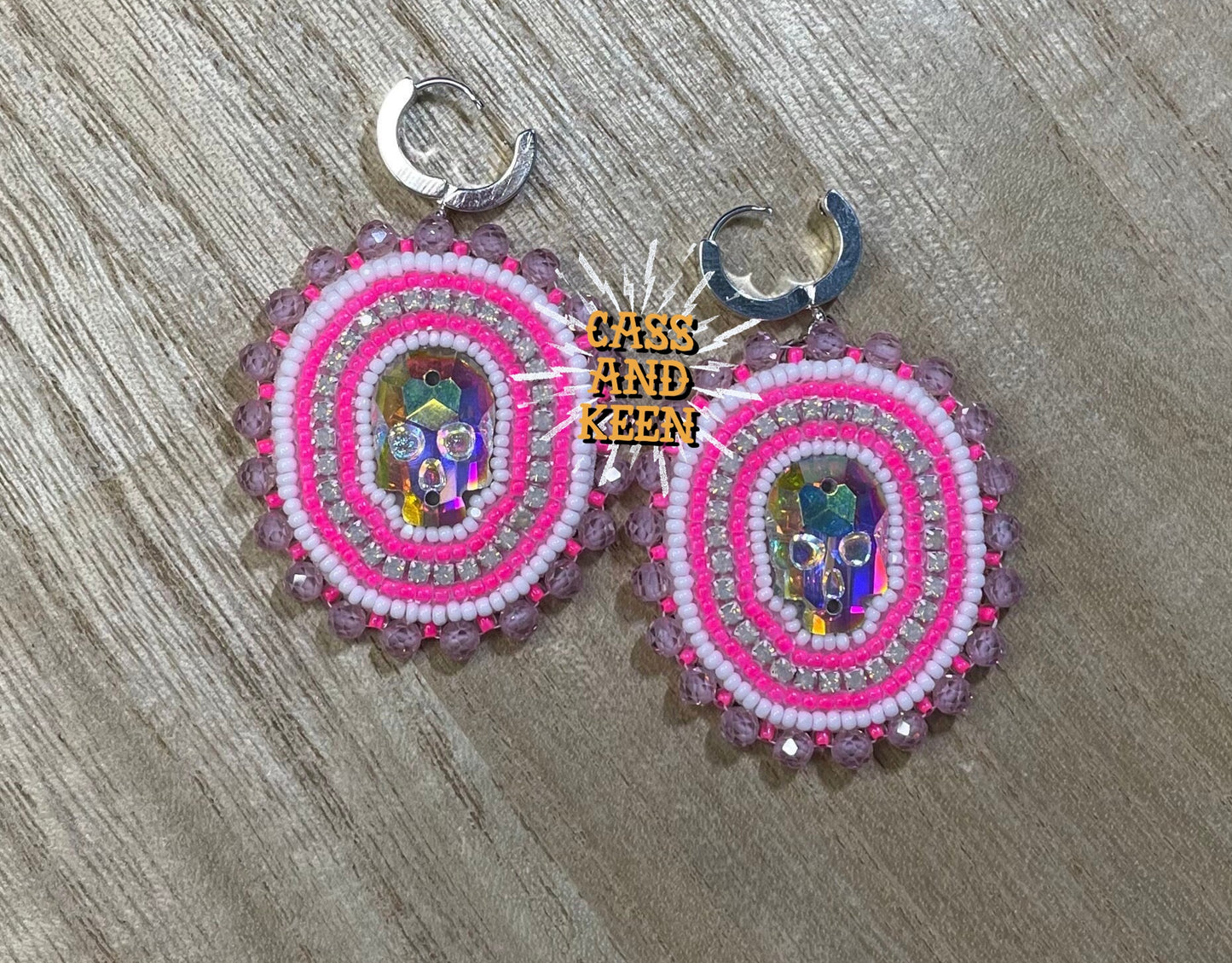 Native American Hand Made Beaded Skull Dangle Earrings - Iridescent Skull & Pink Cubic Zirconia - Silver Clasp