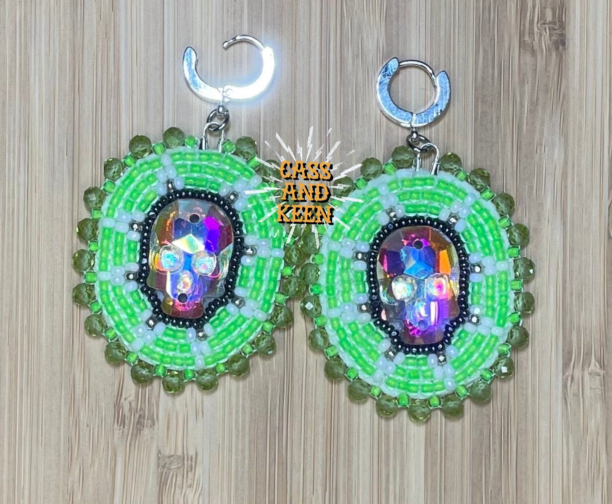 Native American Hand Made Beaded Skull Dangle Earrings - Iridescent Skull & Peridot - Silver Clasp