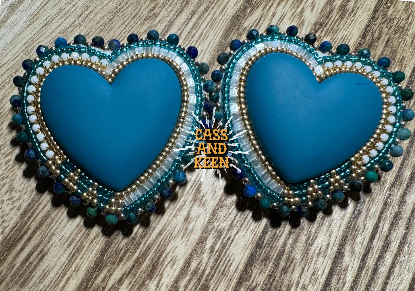 Native American Hand Made Beaded Heart Earrings with Chrysocolla Edge - 2 Inch - Fingernail Back - Blue