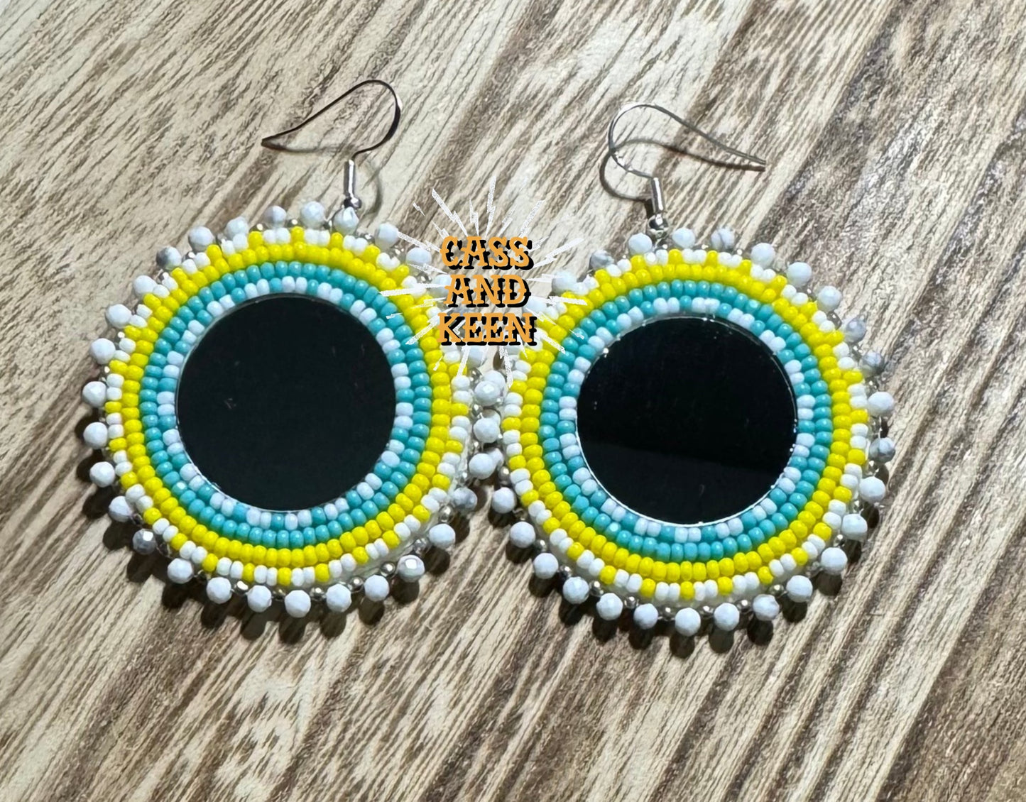 Native American Hand Made Beaded Round Dangle Earrings - Mirror Center - Howlite Edge - Turquoise / Yellow - Silver Ear Wire