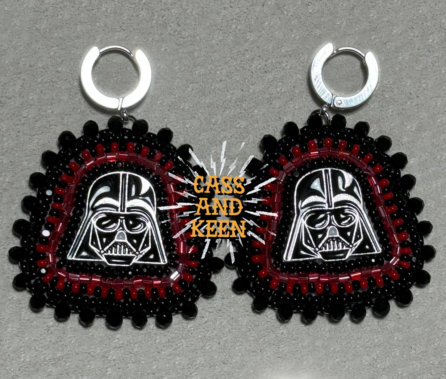 Native American Hand Made Beaded Darth Vader Earrings - Black - Silver Clasp