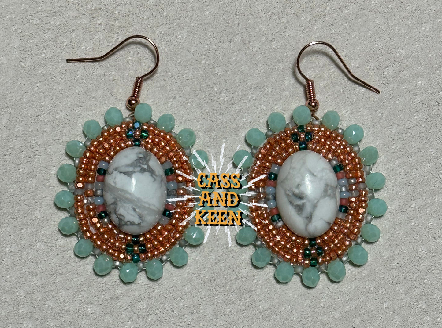 Native American Hand Made Beaded Oval Howlite Dangle Earrings - Copper and Teal -  Ear Wire