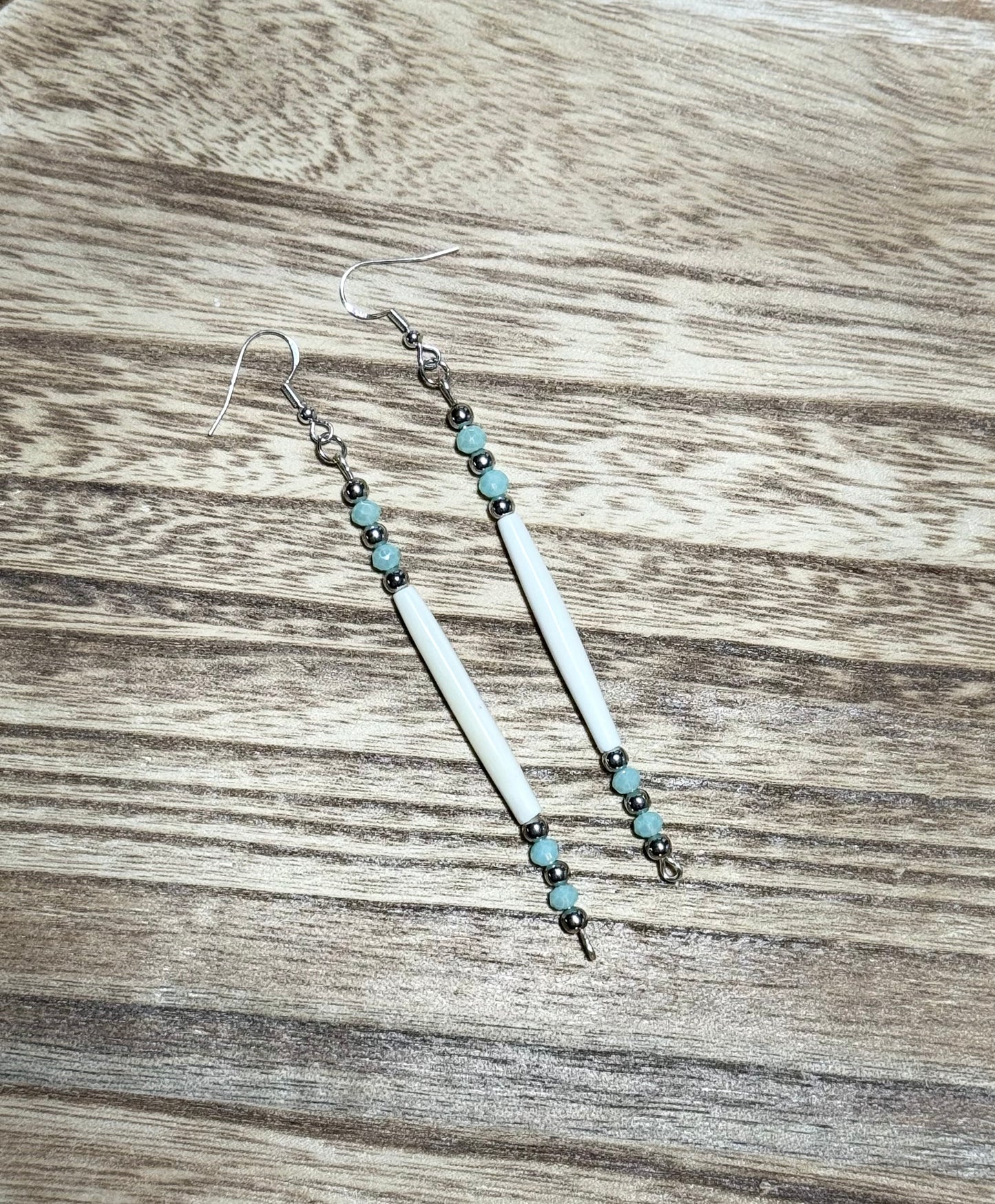 Native American Hand Made Hairpipe Bone and Turquoise Double Glass Bead Beaded Earrings - Real Bone - Silver Ear Wire