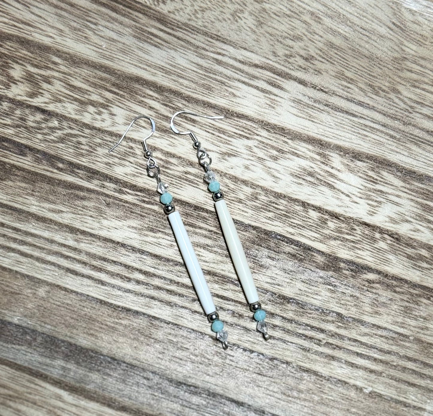 Native American Hand Made Hairpipe Bone and Turquoise Single Glass Bead Beaded Earrings - Real Bone - Silver Ear Wire