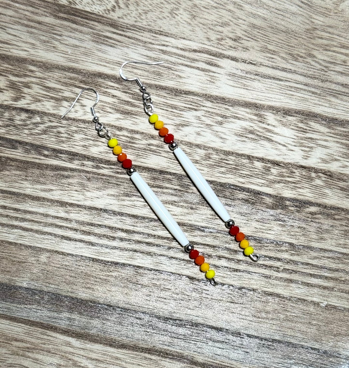 Native American Hand Made Hairpipe Bone and Fire Glass Bead Beaded Earrings - Real Bone - Silver Ear Wire