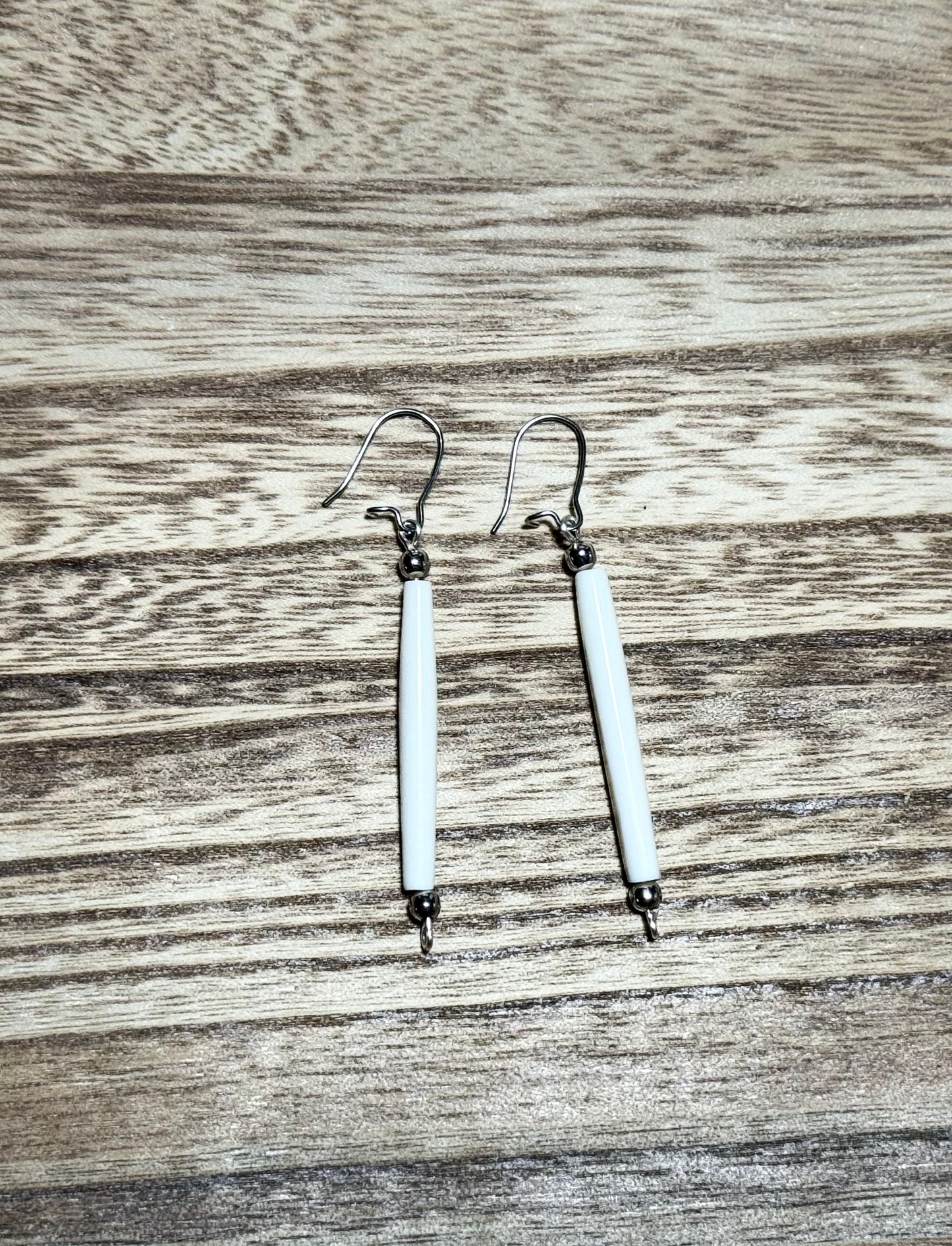 Native American Hand Made Hairpipe Bone and Silver Single Bead Beaded Earrings - Real Bone - Kidney Wire Clasp