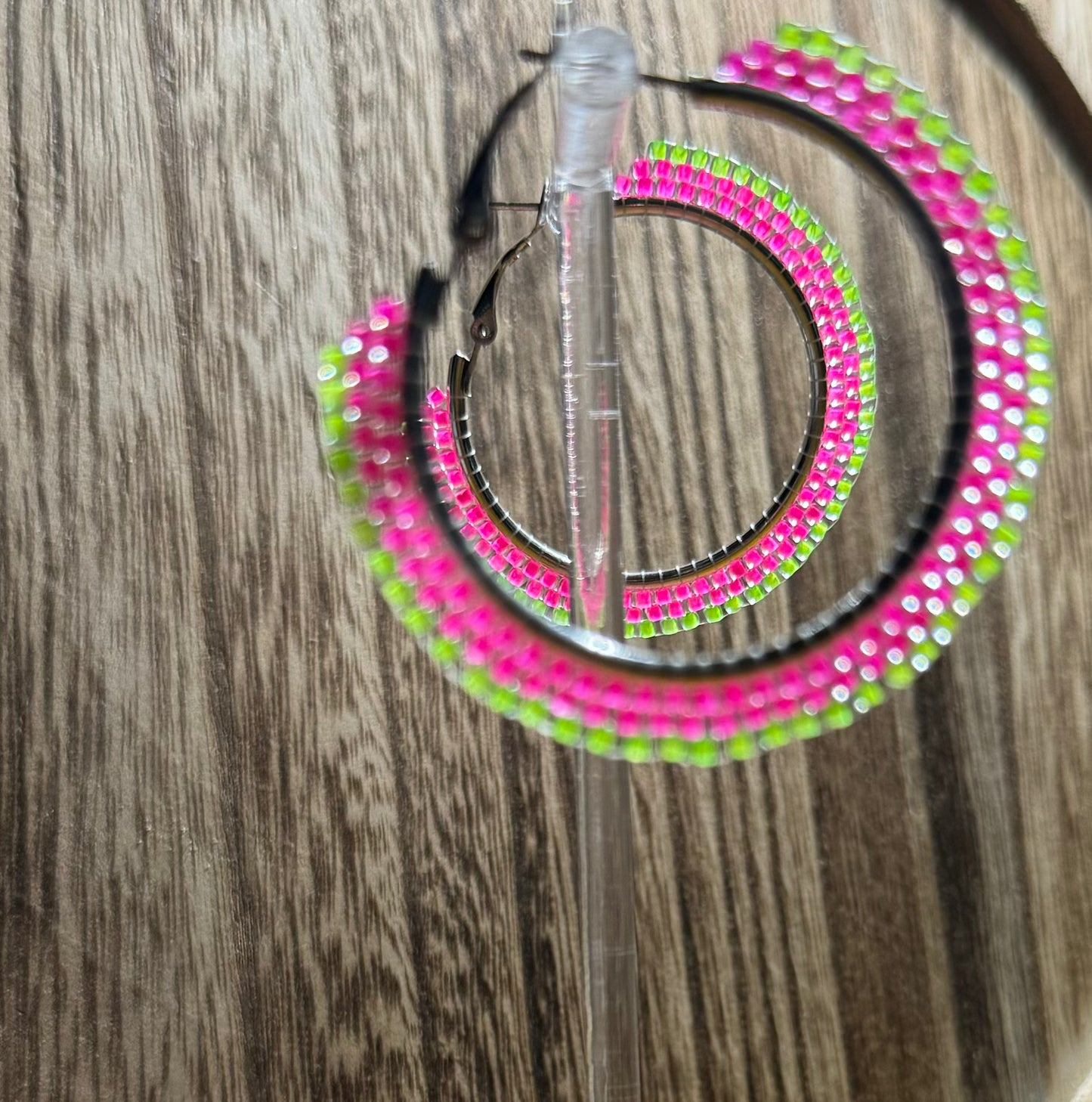 Native American Hand Made Beaded Hoop Earrings - 1.5 Inch - Pink and Green