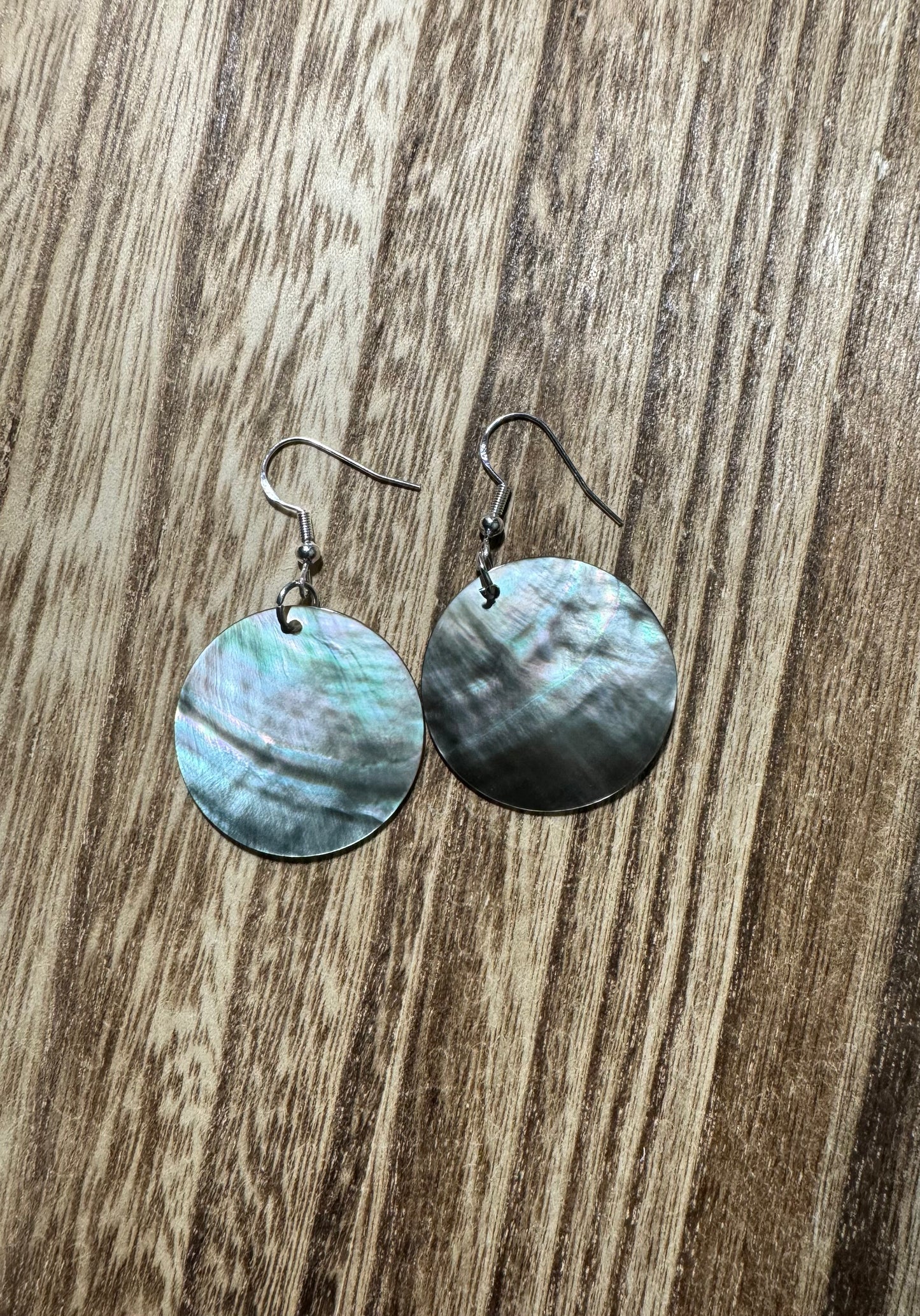 Native American Hand Made Round Abalone Shell Earrings - Solid - Silver Ear Wire