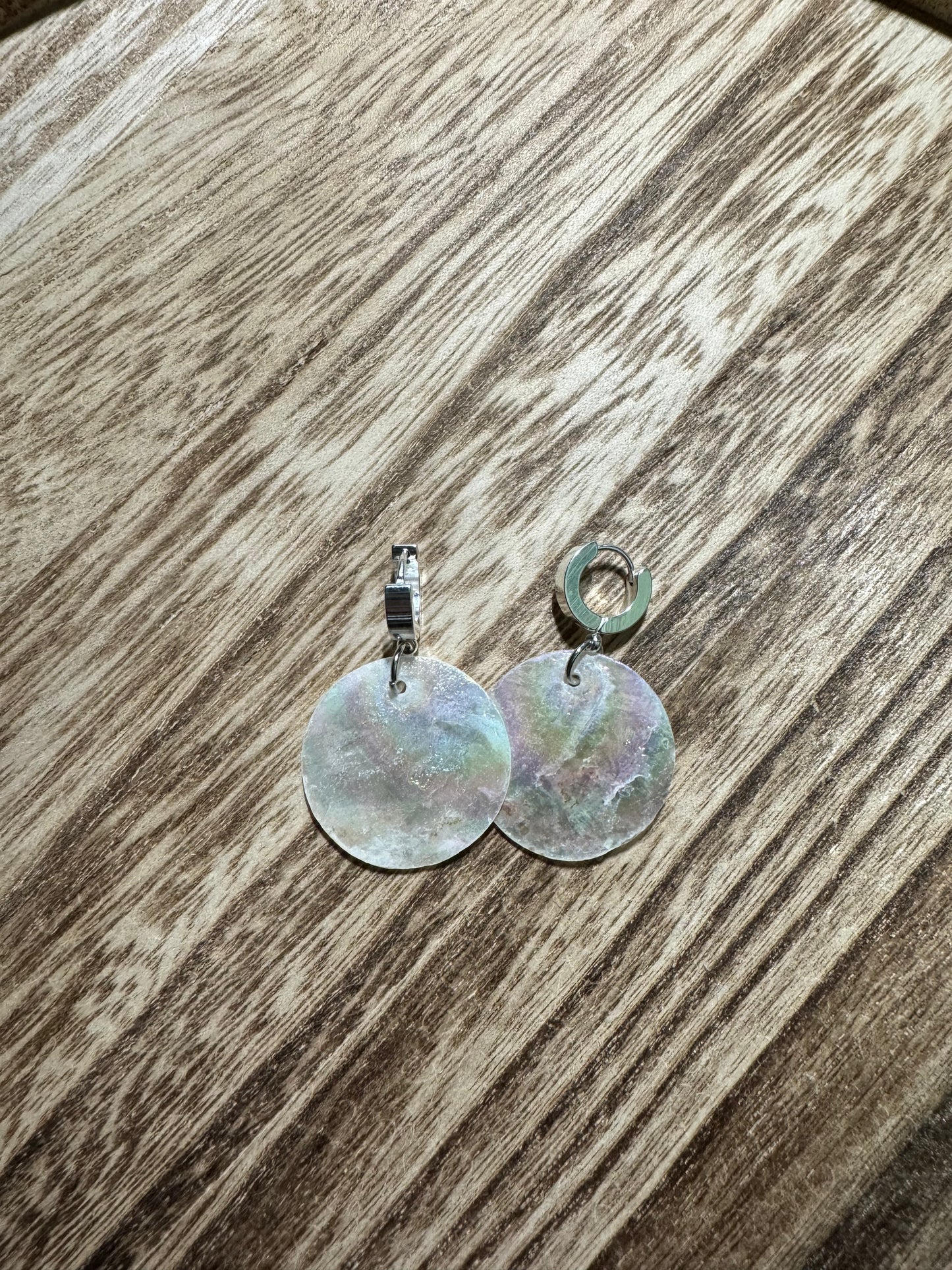 Native American Hand Made Round Iridescent Shell Earrings - Silver Clasp