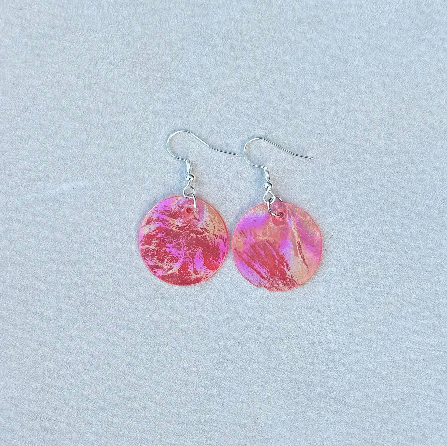 Native American Hand Made Coral Iridescent Shell Earrings - Silver Ear Wire