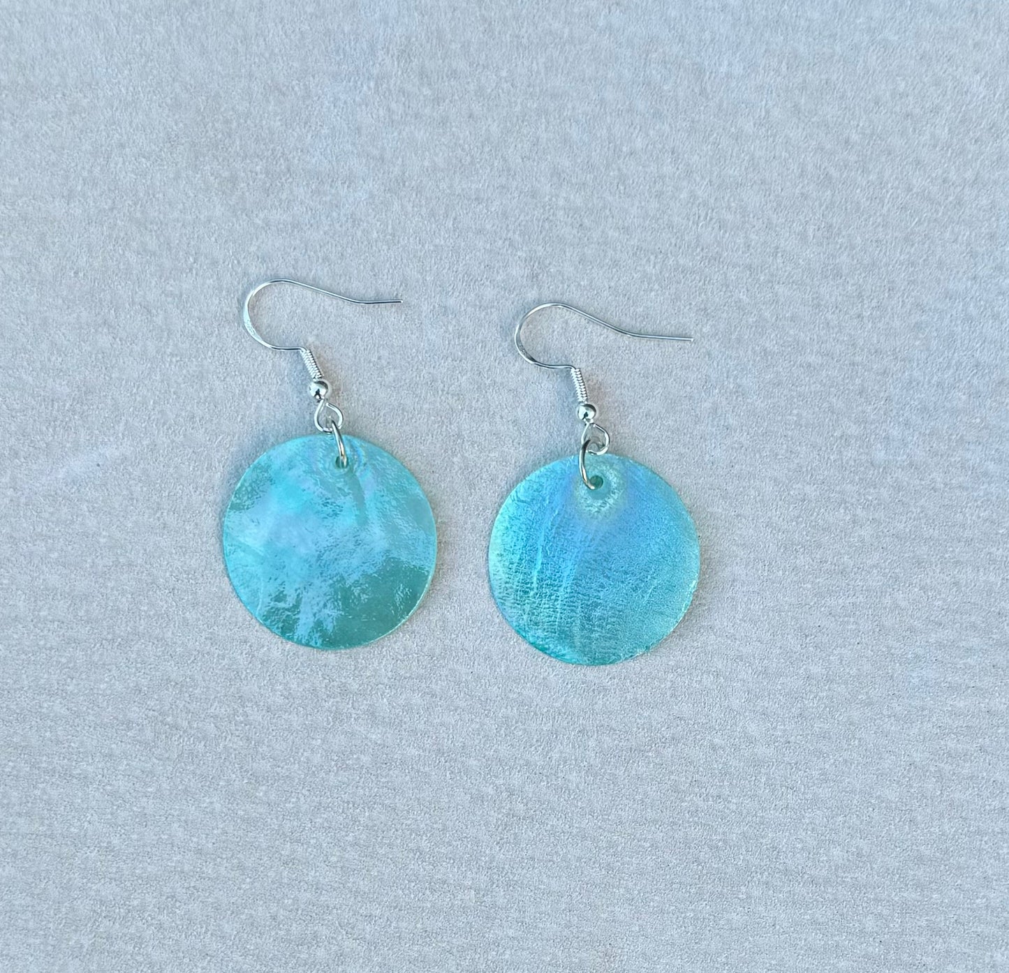 Native American Hand Made Mint Iridescent Shell Earrings - Silver Ear Wire