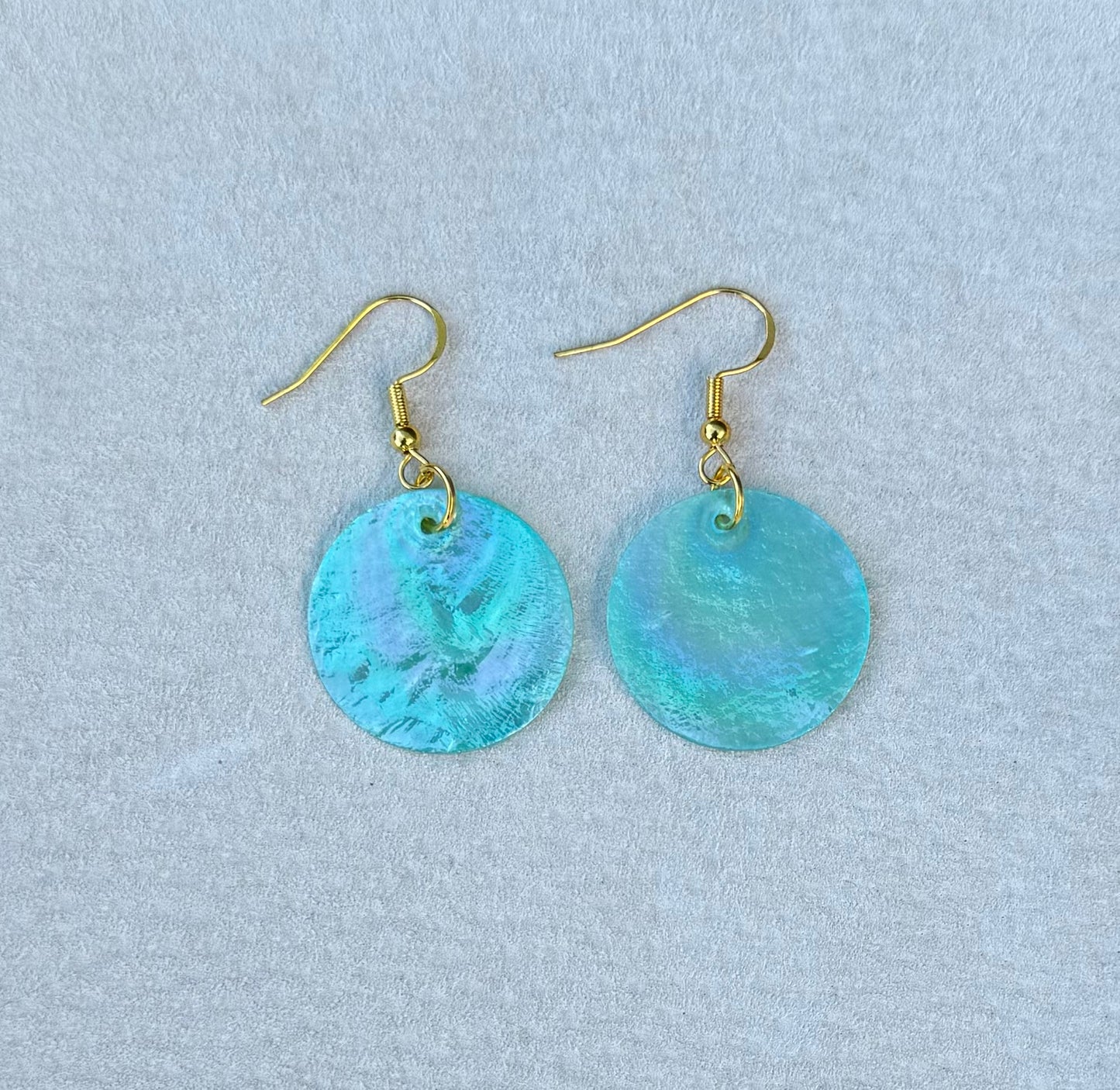 Native American Hand Made Mint Iridescent Shell Earrings - Gold Ear Wire