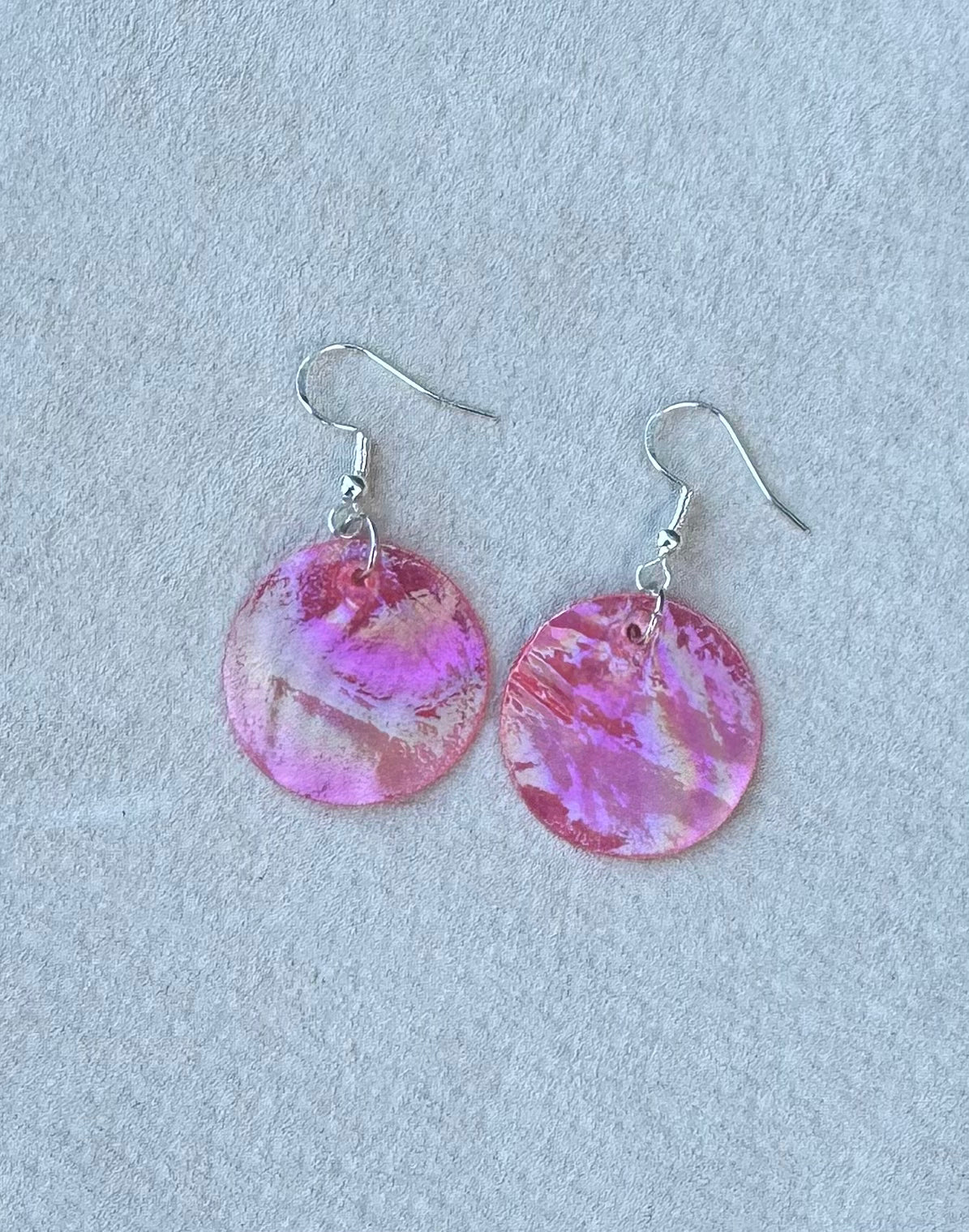Native American Hand Made Pink Iridescent Shell Earrings - Silver Ear Wire