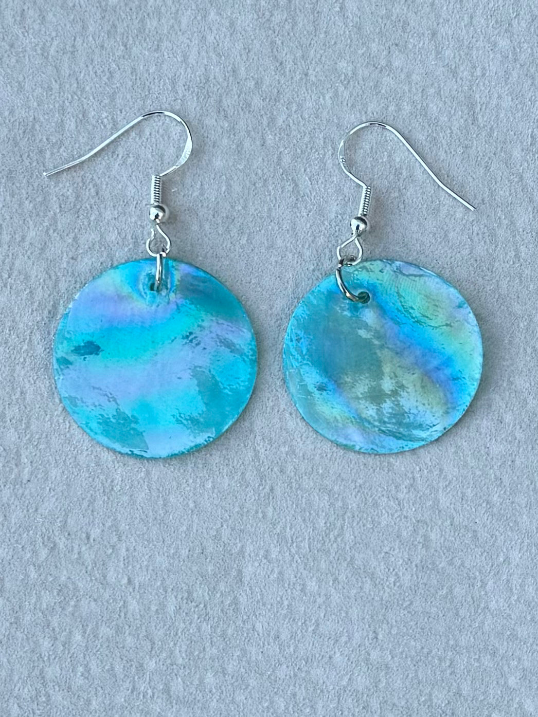 Native American Hand Made Blue Iridescent Shell Earrings - Silver Ear Wire