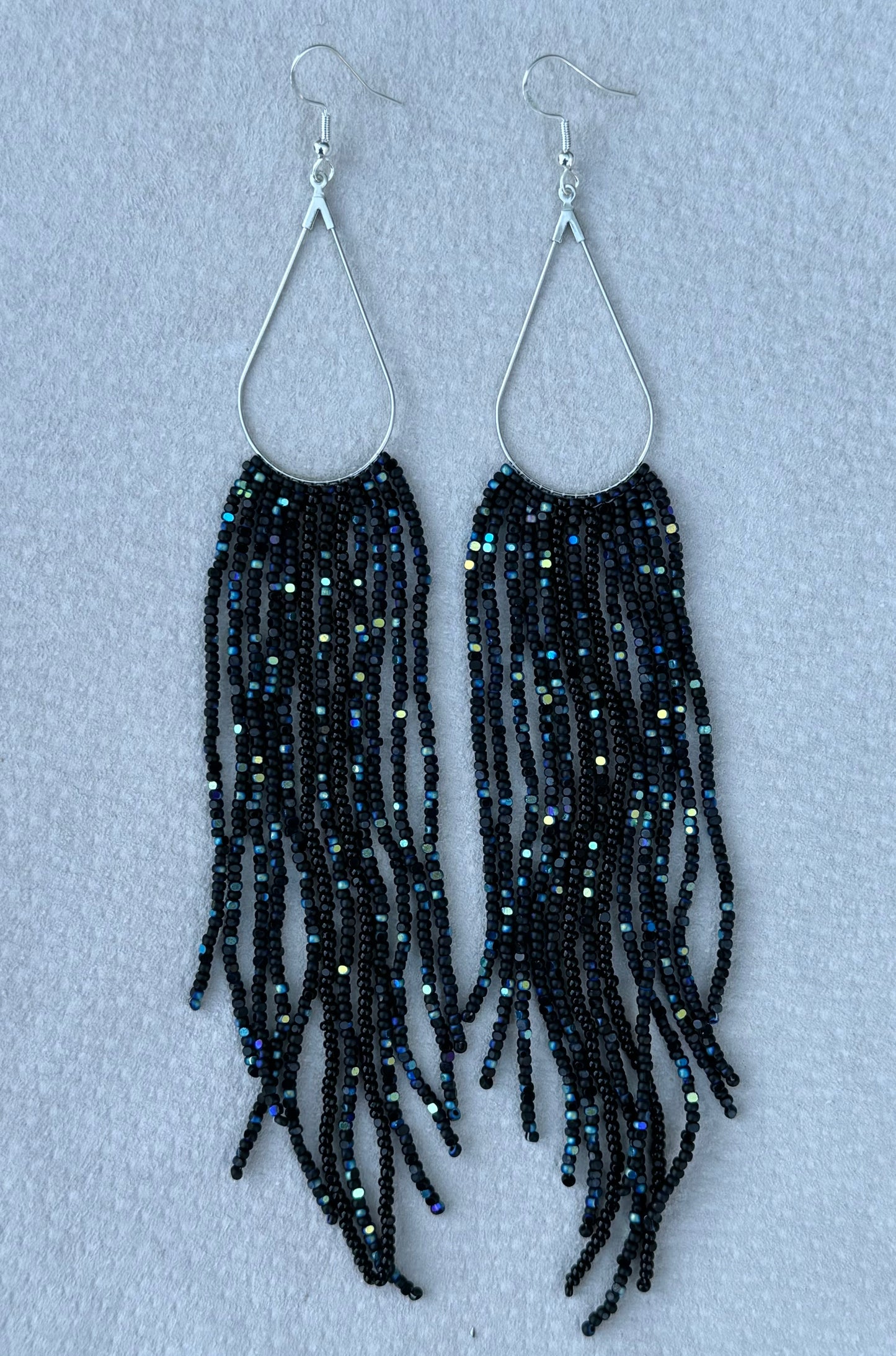 Native American Hand Made Aurora Borealis Bead Beaded Fringe Earrings - Black - Silver Ear Wire - 6 Inch
