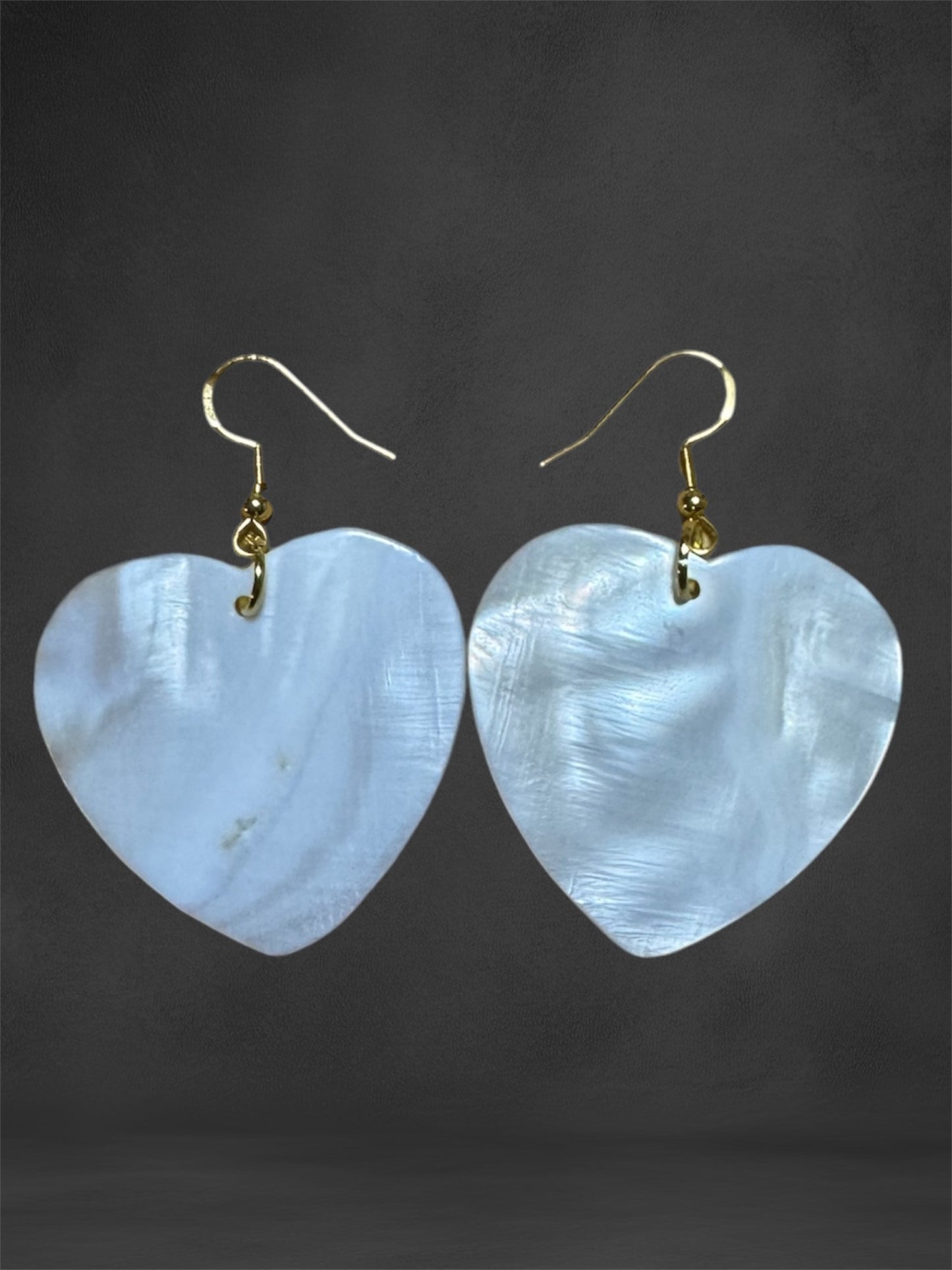 Native American Hand Made Heart Mother of Pearl Shell Earrings - 1.5 Inch - Gold Ear Wire