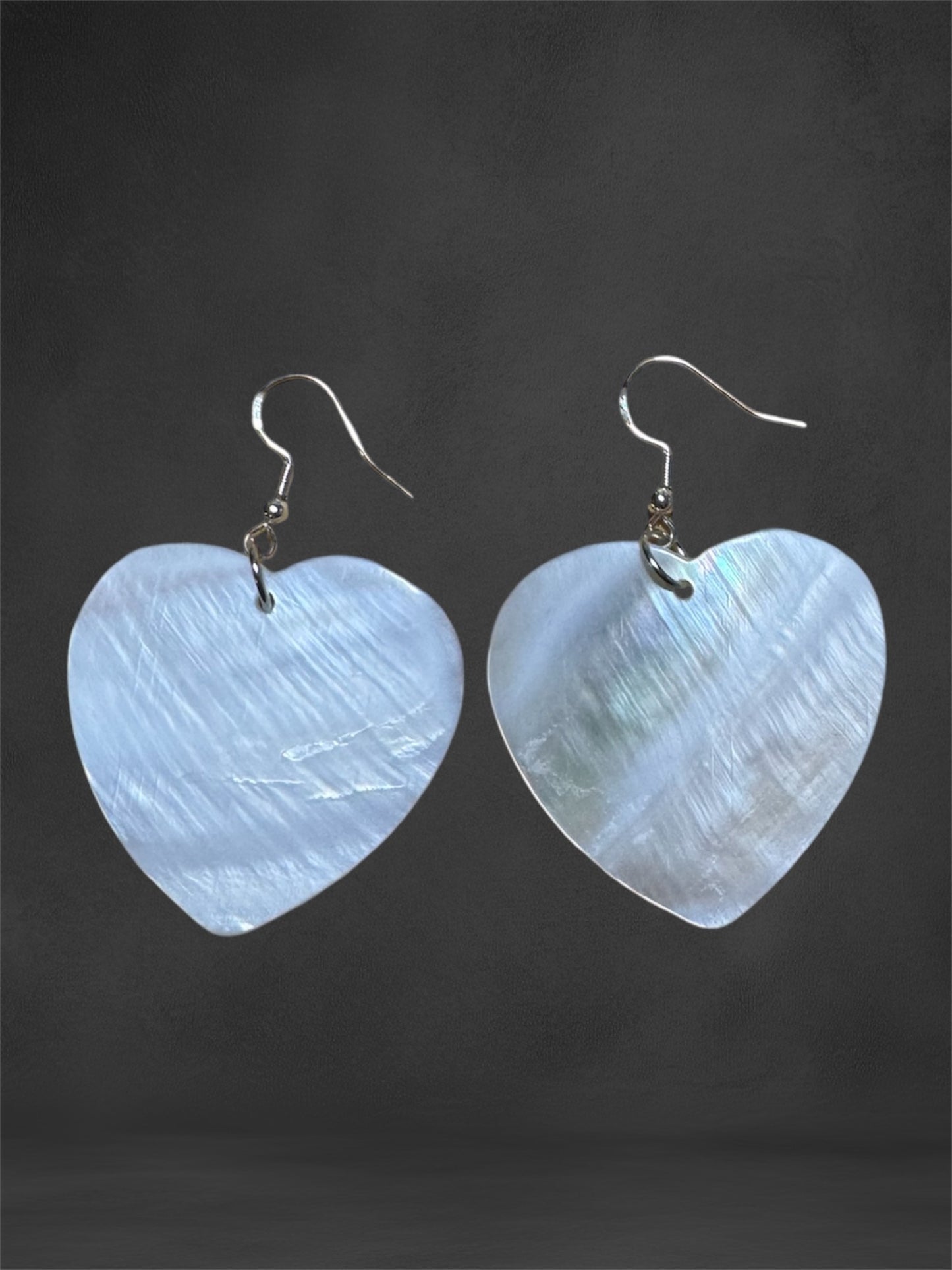 Native American Hand Made Heart Mother of Pearl Shell Earrings - 1.5 Inch - Silver Ear Wire