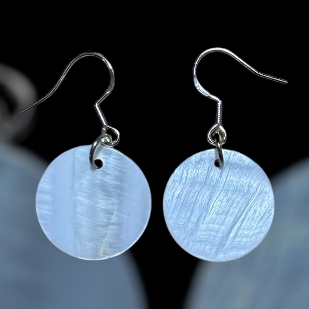 Native American Hand Made Round Mother of Pearl Shell Earrings - 1 Inch - Silver Ear Wire