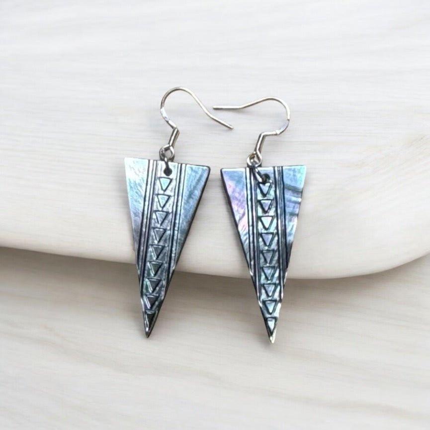 Native American Hand Made Triangle Abalone Earrings - Silver Ear Wire