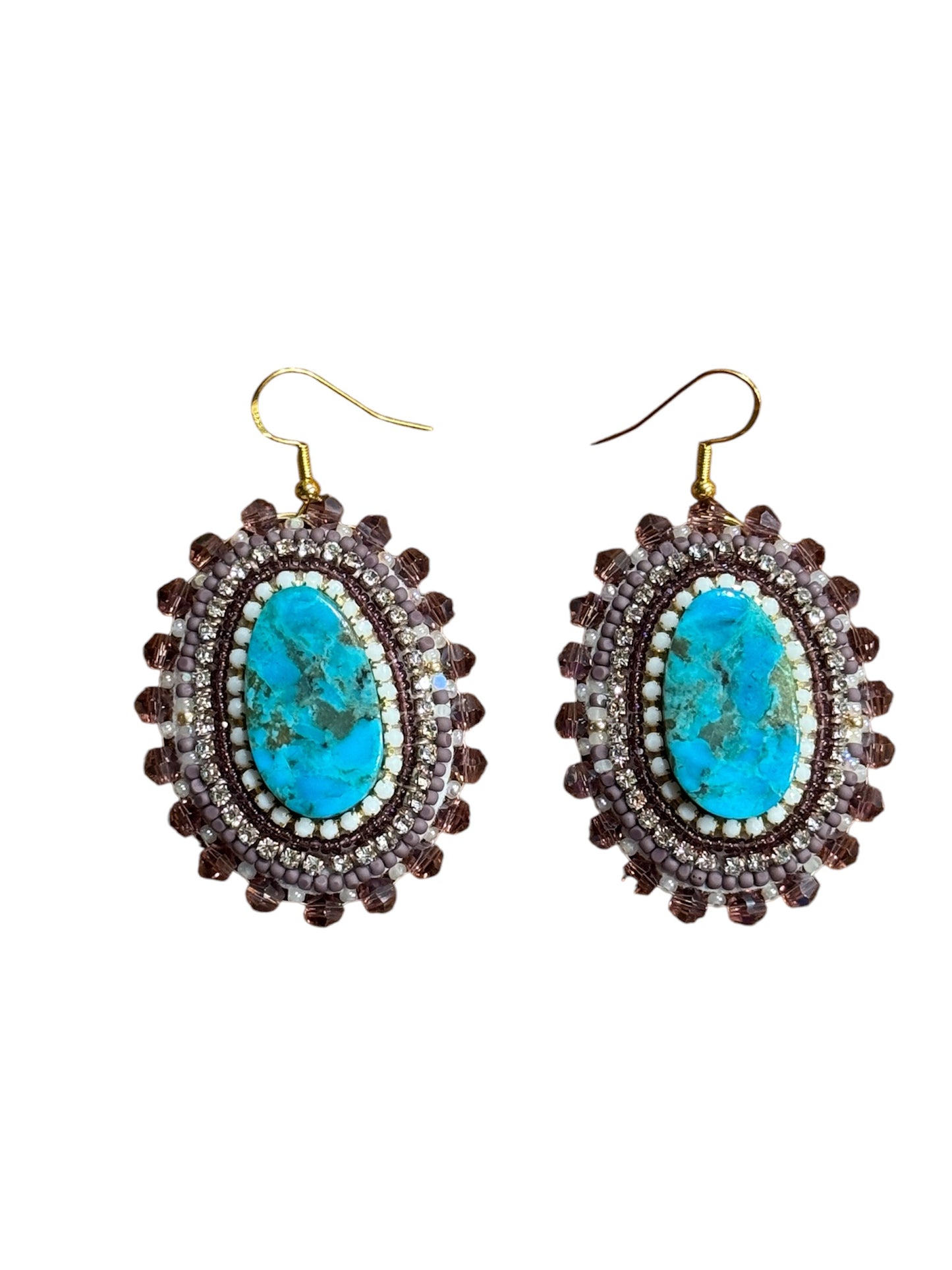 Native American Hand Made Beaded Oval Earrings - Real Turquoise - Gold Ear Wire