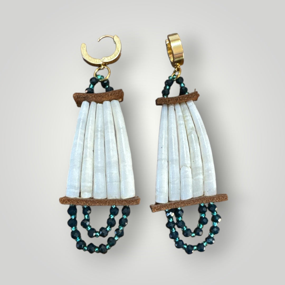 Native American Hand Made Dentalium and Dark Blue Green Earrings