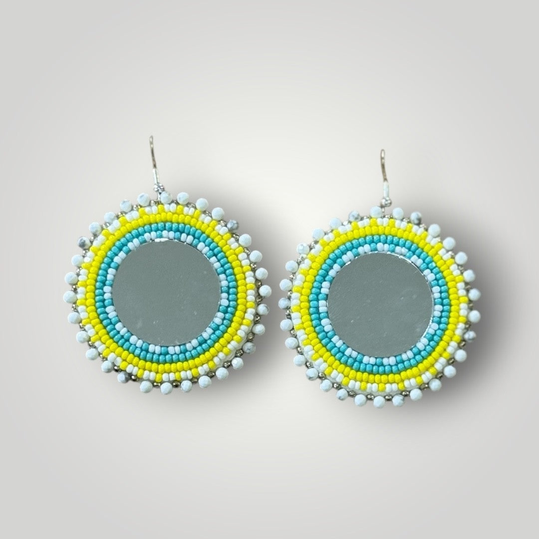 Native American Hand Made Beaded Round Dangle Earrings - Mirror Center - Howlite Edge - Turquoise / Yellow - Silver Ear Wire