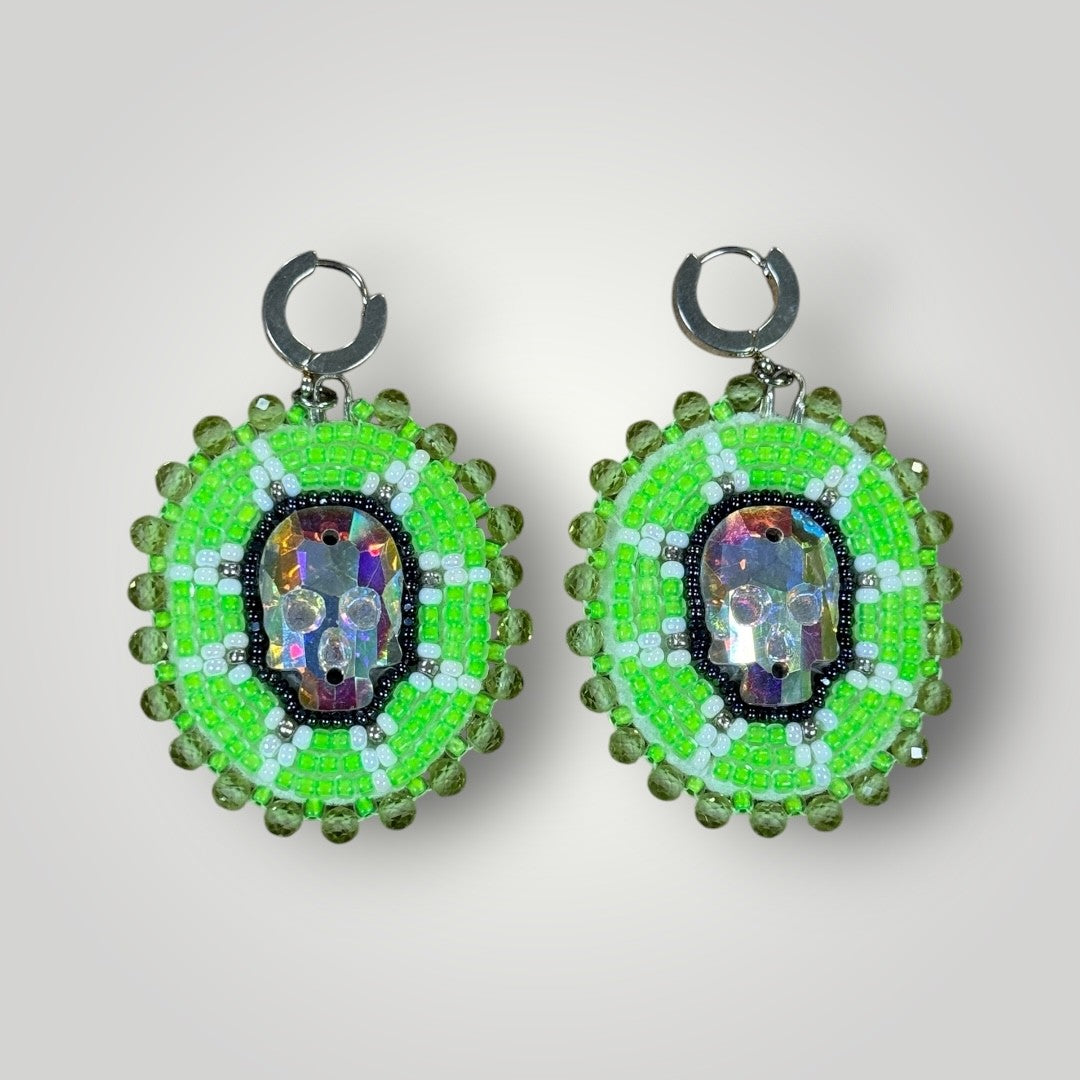 Native American Hand Made Beaded Skull Dangle Earrings - Iridescent Skull & Peridot - Silver Huggie earring