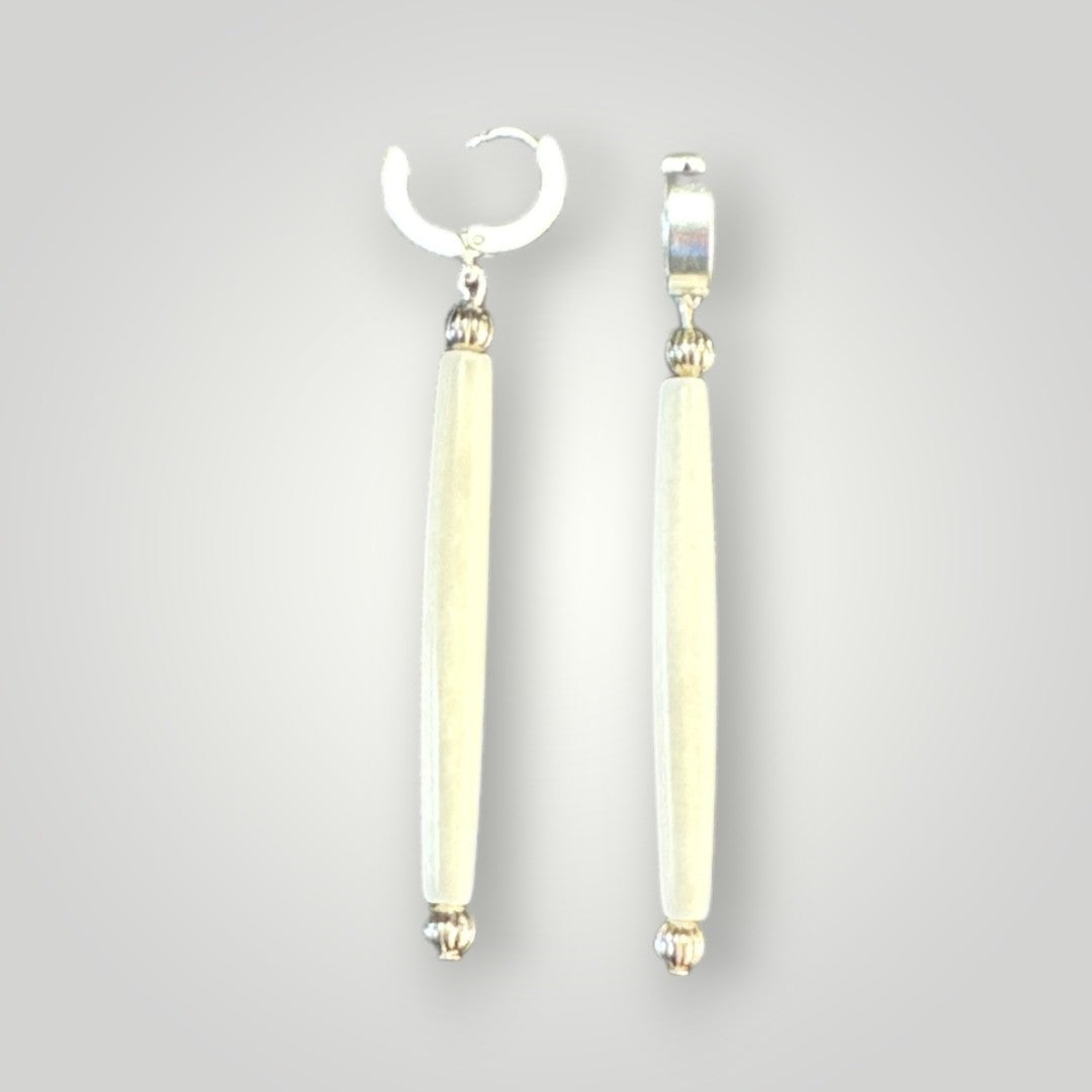 Native American Hand Made 1 inch Hairpipe Bone and Silver Single Bead Beaded Earrings - Real Bone - Silver Huggie earring
