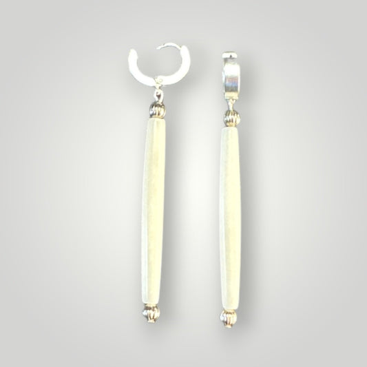 Native American Hand Made 1 inch Hairpipe Bone and Silver Single Bead Beaded Earrings - Real Bone - Silver Huggie earring
