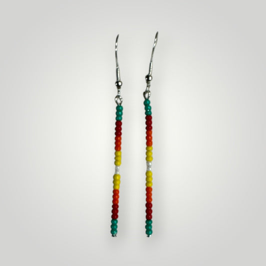 Native American Hand Made Dangle Bead Earrings on silver ear wire- green and fire