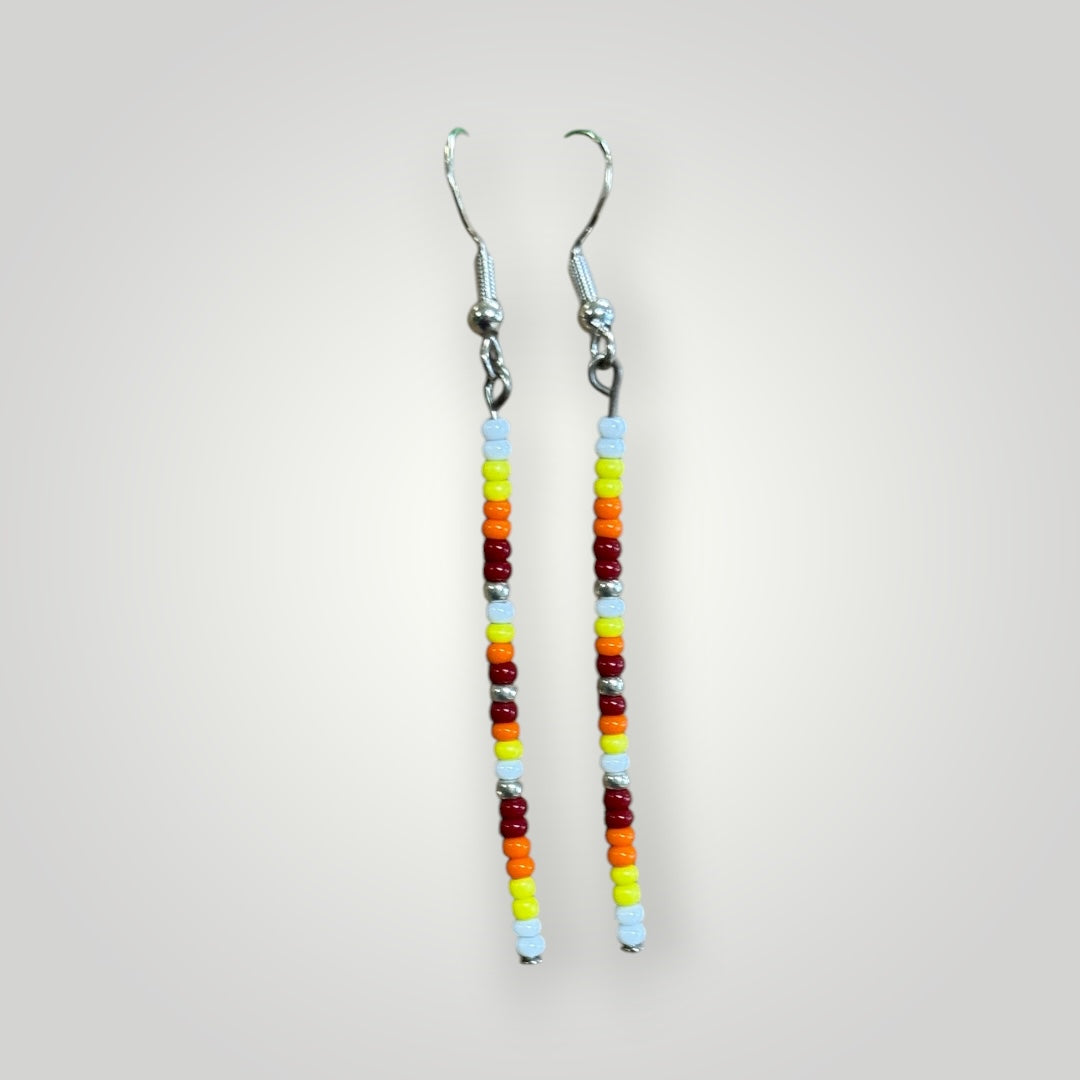 Native American Hand Made Dangle Bead Earrings on silver ear wire- white and fire