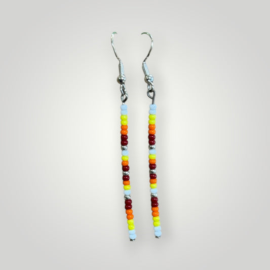Native American Hand Made Dangle Bead Earrings on silver ear wire- white and fire