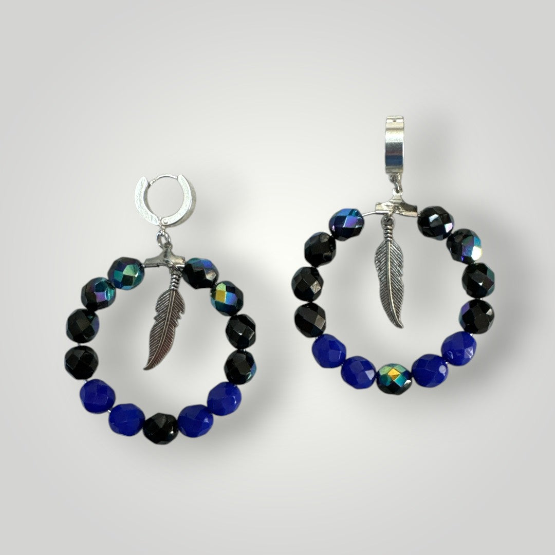 Native American Hand Made Fire Polish Bead Dangle Earrings-Blue