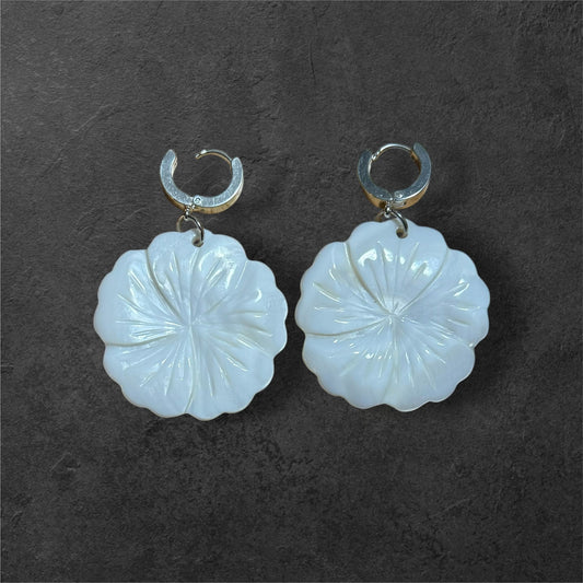Native American Hand Made Flower Mother of Pearl Shell Earrings - Silver Huggie earring