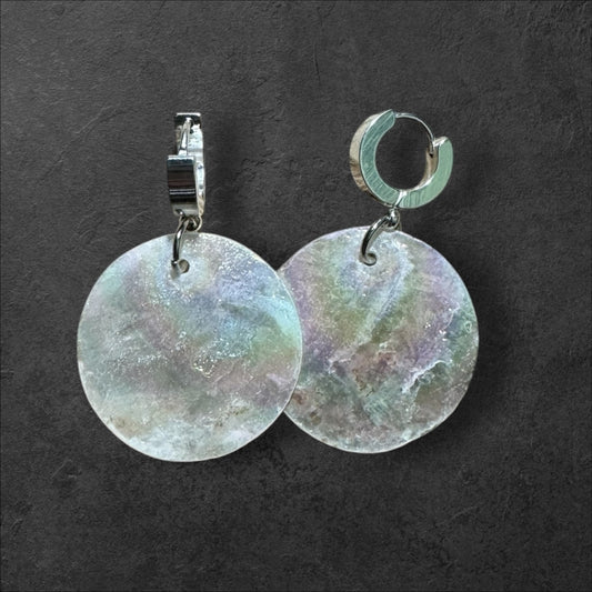 Native American Hand Made Round Iridescent Shell Earrings - Silver Clasp