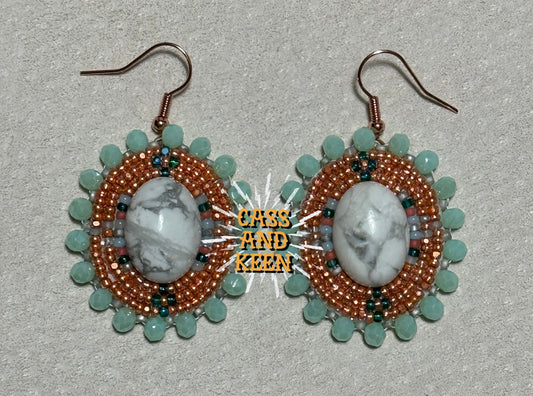 Beaded Oval Howlite Dangle Earrings - Copper and Teal -  Ear Wire