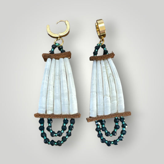 Native American Hand Made Dentalium and Dark Blue Green Earrings