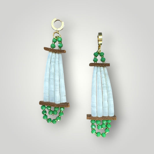 Native American Hand Made Dentalium and Medium Green Earrings- Gold Huggie earring