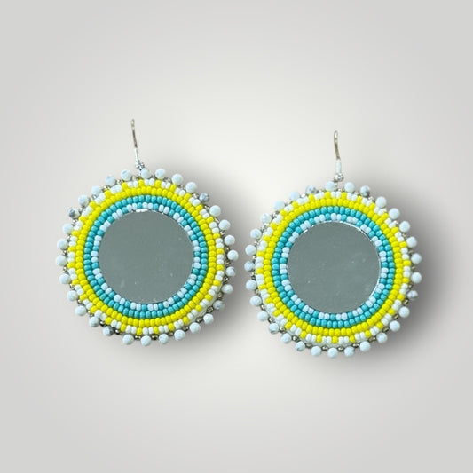 Native American Hand Made Beaded Round Dangle Earrings - Mirror Center - Howlite Edge - Turquoise / Yellow - Silver Ear Wire