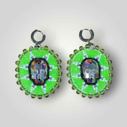 Native American Hand Made Beaded Skull Dangle Earrings - Iridescent Skull & Peridot - Silver Huggie earring